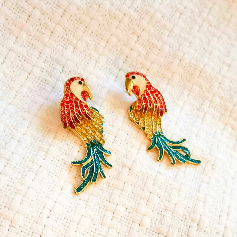Sugarfix Multi Color Parrot Earrings  Gold Tone Tropical Bird Dangle Jewelry